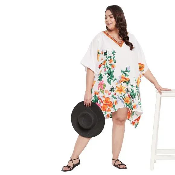 Gypsie Blu Tops | Floral Printed White Polyester Short Caftan Tunic Dress For Women By Gypsie Blu | Color: Orange/White | Size: Fits Perfectly To Us